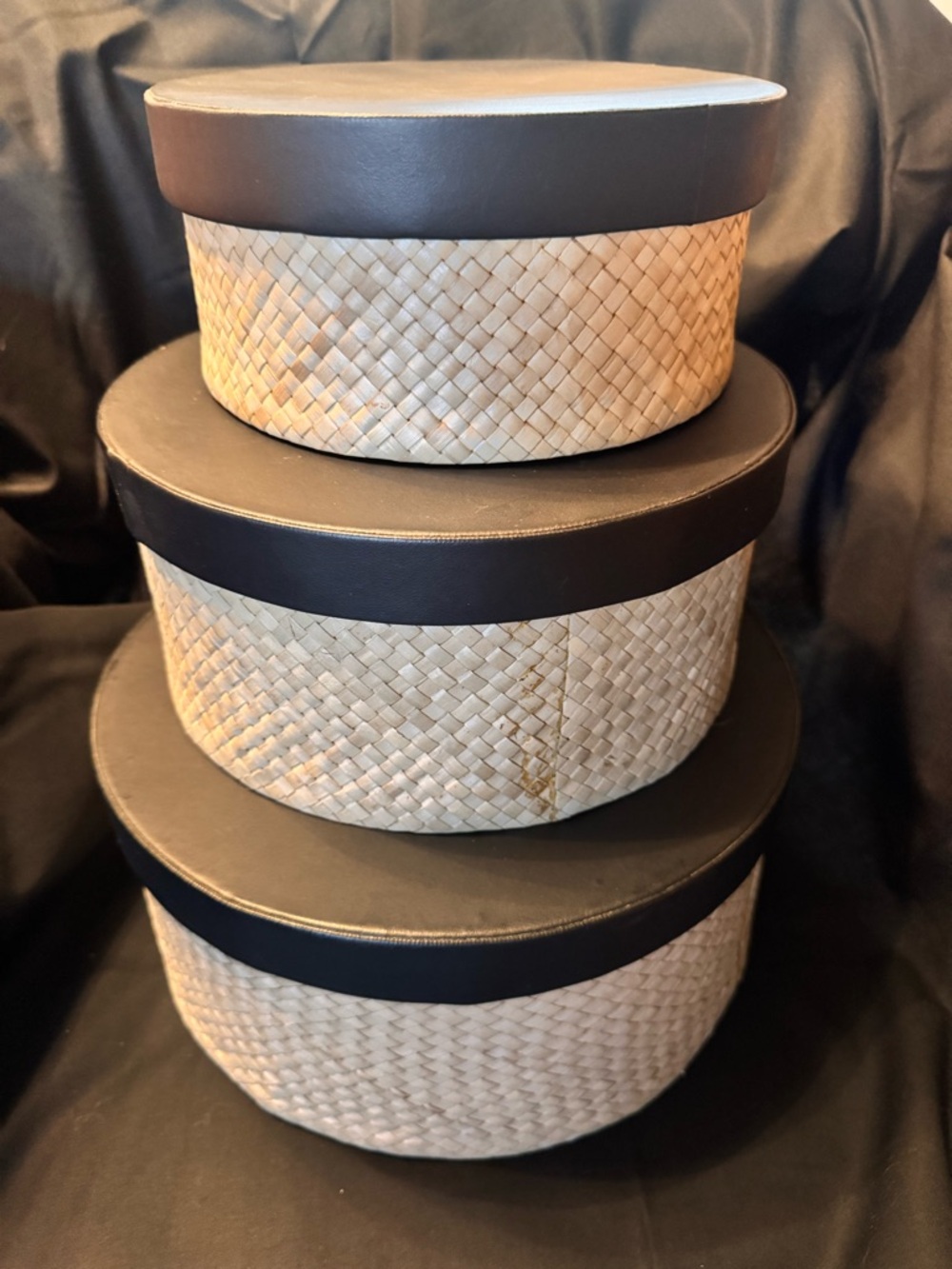 Stackable Woven Storage Boxes with Black Lids - Set of 3